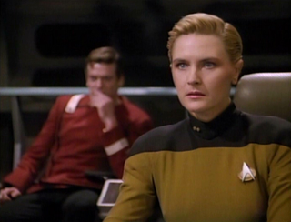 Tasha Yar (Denise Crosby) transitions to the Enterprise C in “Yesterday’s Enterprise.”